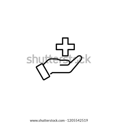medical cross in hand; medical helping symbol; line black icon on white background 