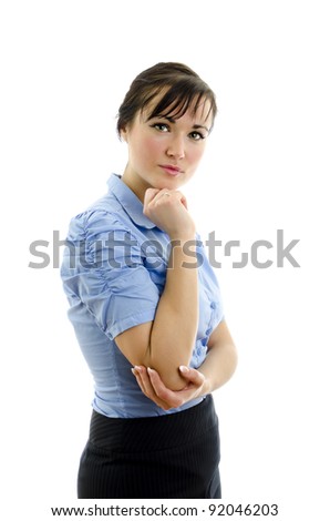 Business woman in blue blouse with crossed arms, isolated on white