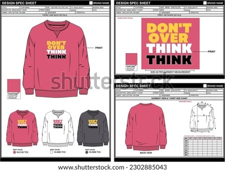 MENS SWEATSHIRT TSHIRT TECH PACK ILLUSTRATION FRONT BACK VIEW PRINT DESIGN WITH PANTONE AND BLANK MEASUREMENT CHART TABLE EASY EDITABLE VECTOR FILE