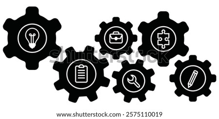 Settings glyph solid icons collection. Containing configuration, maintenance, service, tools, wrench, gear. For website marketing design, logo, app, template, ui, etc. Vector illustration.