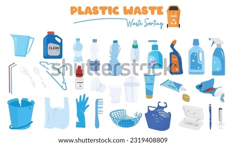 Plastic waste vector set.  Plastic garbage vector set. Waste sorting concept. Plastic products. Flat vector in cartoon style isolated on white background.  Trash. Rubbish.