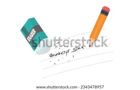 Pencil and eraser vector set. Rubber vector.Erasing the text on paper. Pencil writting. School supplies vector illustration. Stationery collection. Back to school concept. Flat vector in cartoon style