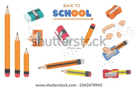 Back to school vector set. Stationery collection. School supplies vector illustration. Pencil, eraser, pencil sharpener, pencil shavings, pencil waste. Flat vector in cartoon style.