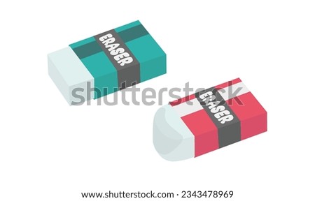 Eraser vector set. Rubber. 
New eraser and used eraser vector. School supplies clip art. Back to school concept. Flat vector in cartoon style isolated on white background. Stationery vector.