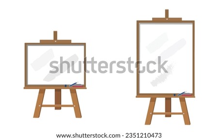 Chalkboard or blackboard with wooden easel stand vector illustration set.  Whiteboard used in classroom or restaurant, cafe house. Back to school concept.