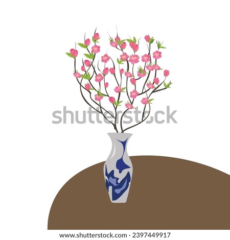 Cartoon peach blossom vector set with flower, leaf, bud, tree branch. Cherry blossom vector. Spring flower.Tet flower. Vietnam traditional new year flower, hoa dao. Flat vector in cartoon style.