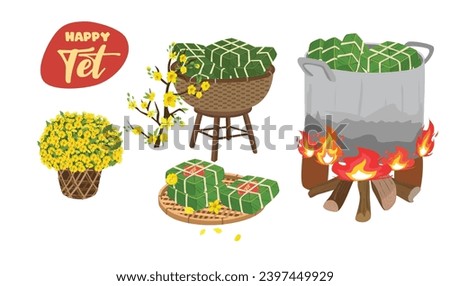 Chung cake vector set. Chung cake on bamboo basket. Vietnamese cuisine. Vietnamese traditional new year. Square sticky rice  cake is cooked in pot. Banh chung. Happy Tet holiday. Tet food.