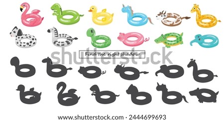 Find the right shadow game for kid. Swimming rings and shadows vector in cartoon style. Inflatable float, inflatable pool float clipart. Water lifebuoy.   Flat vector isolated on white background.
