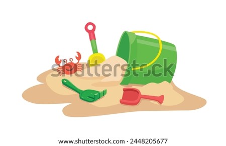 Cartoon sand bucket vector illustration with shovel and rake. Beach sand playing set. Summer element. Flat vector in cartoon style isolated on white background.