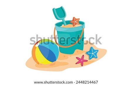 Cartoon sand bucket vector illustration with shovel and rake. Beach sand playing set. Summer element. Flat vector in cartoon style isolated on white background.