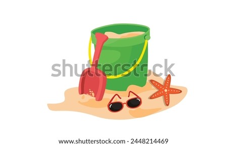 Cartoon sand bucket vector illustration with shovel and rake. Beach sand playing set. Summer element. Flat vector in cartoon style isolated on white background.