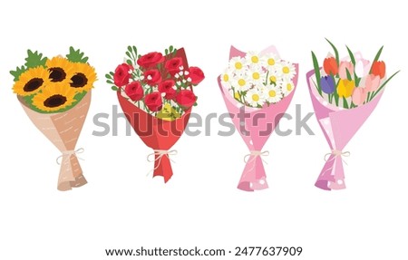 Flower bouquet vector set. Flower clipart. Bouquet of sunflower, rose, daisy, tulip. Gift, present for special days. Flat vector in cartoon style isolated on white background.