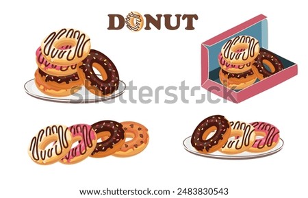 Donut vector set. Donut on the plate, donut box clipart. Doughnut. Sweet food or dessert. Flat vector in cartoon style isolated on white background.