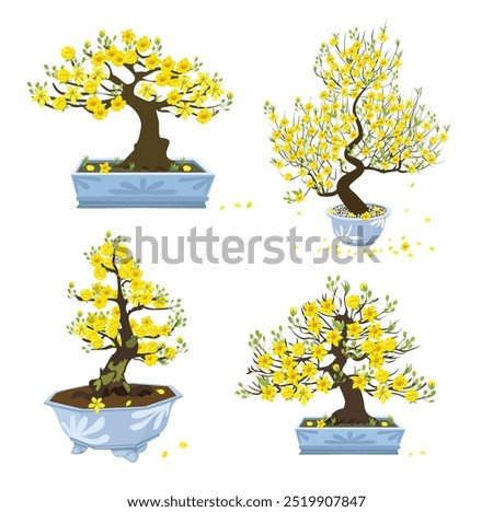 Ochna integerrima vector. Ochna flower tree clip art. Vietnam traditional new year flower clipart, hoa mai. Tet flower. Apricot blossom. Flat vector in cartoon style isolated on white background.