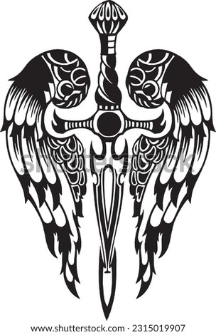 there are swords and samurai swords in the black striped tattoo with two surrounding wings on the lift and right