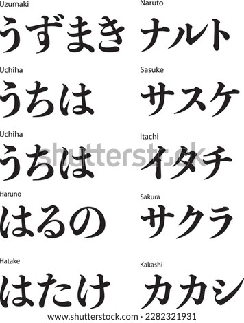 Naruto characters' names in kanji, katakana, hiragana, foreign language, anime characters name, typography, calligraphy 