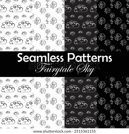 Seamless pattern with Hand drawn curly doodles of the moons and clouds on a transparent background