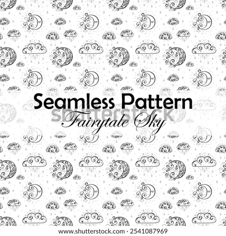 Seamless pattern with Hand drawn curly doodles of the moons and rainy clouds on a transparent background