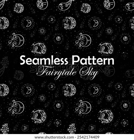 Seamless pattern with Hand drawn curly doodles of the stars, moons, comets and clouds on a transparent background