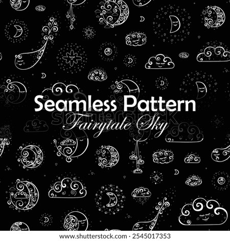 Seamless pattern with Hand drawn curly doodles of the moons and rainy clouds on a transparent background