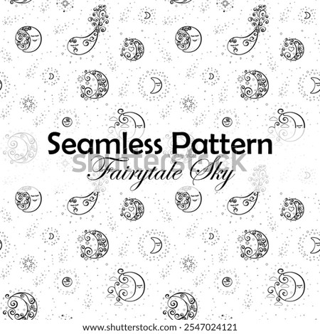 Seamless pattern with Hand drawn curly doodles of the stars, moons, comets and clouds on a transparent background