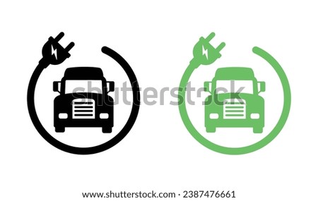 Electric Truck Icon In Front View With Plug. Electrical Charging Station Symbol. Green Vehicle Transportation Icons Silhouette. Heavy Vehicle Transport With Eco Green Electricity. Electric Lorry Icon