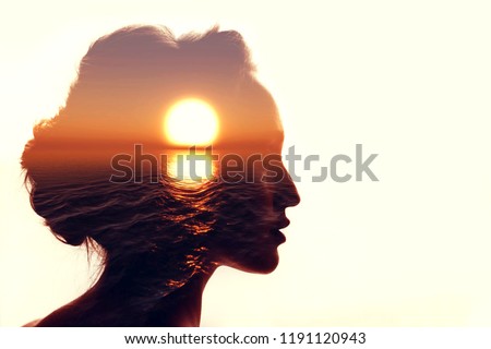 Psychology concept. Sunrise and woman silhouette. Photo stock © 
