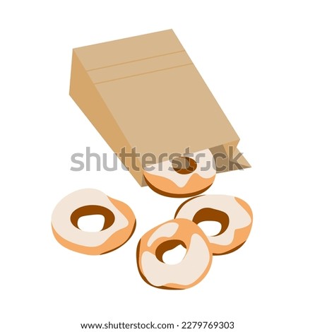 Donuts in a paper bag ; It consists of donuts decorated with icing. was wrapped in a paper bag suitable for takeout eat with coffee.
