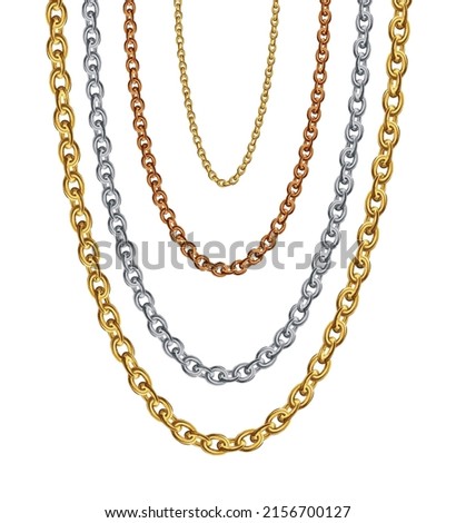 Gold, Silver and Bronze Necklaces Isolated on White. Golden Chain vector illustration. Silver Necklace for ads, flyers, web site, sale banners. 