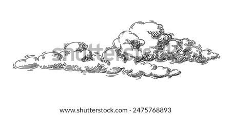 Clouds in hand drawn vintage retro style isolated on white background. Cartoon design elements. Landscape elements in sketch style. Vector illustration.	
