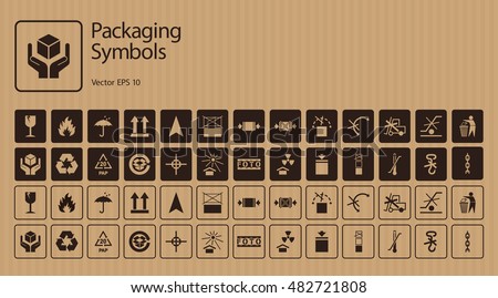 Vector packaging symbols set on cardboard background: Don't roll, litter, Clamp here, No hand- or forklift truck, Handling with care, Protect from radiation and other signs and icons. Use on package