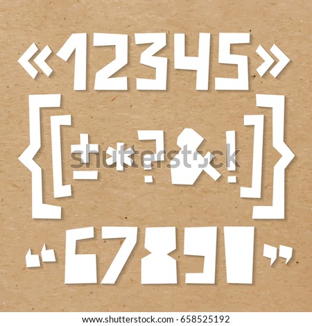Rough numbers and symbols including brackets, curly braces, exclamation and question marks, quotation marks, ampersand, asterisk, plus, minus, dash or hyphen cut out of paper on cardboard background