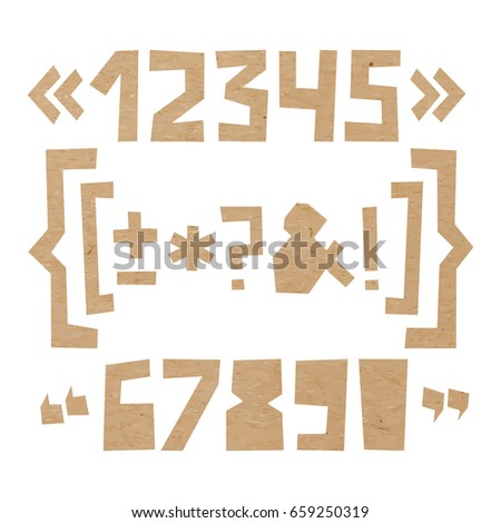 Rough numbers and symbols including brackets, curly braces, exclamation and question marks, quotation marks, ampersand, asterisk, plus, minus, dash or hyphen cut out of paper on cardboard background