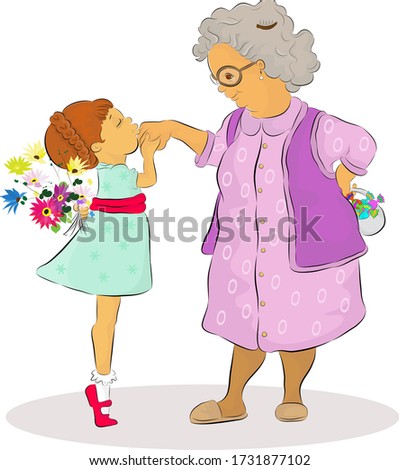 Vector illustration of a little girl kissing her senior grandmother's hand in Feast of Ramadan celebration. Girl is hiding a bunch of flowers, elder lady is hiding festive candies behind their backs.