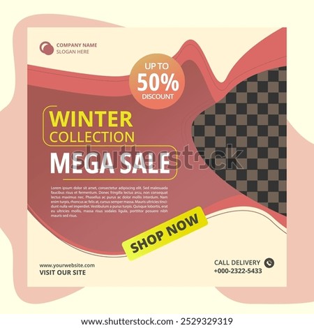 The image is an advertisement for a winter sale. It has a red and yellow color scheme with a large wave-like design on the left side.