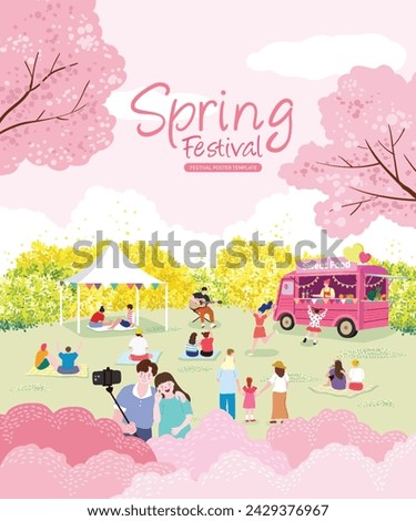 People enjoying a festival and picnic in a park with forsythia and cherry blossoms in full bloom