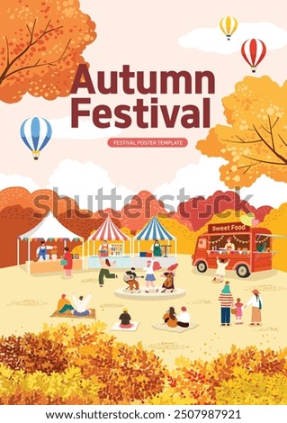 People enjoying festivals and flea markets in a lush autumn forest park with maple leaves
