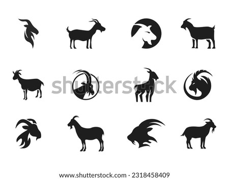 Goat logo. Goat logo template set. Goat silhouette. Goat head. Agriculture industry, wheat farm, farm field, natural harvest, breeder. Vector illustration