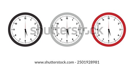 clock 5 30. Round wall clock flat design set, white background, black gray red clock