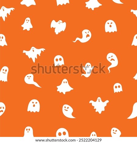 Ghost seamless pattern silhouette, halloween white ghost background on orange background 2, vector illustration