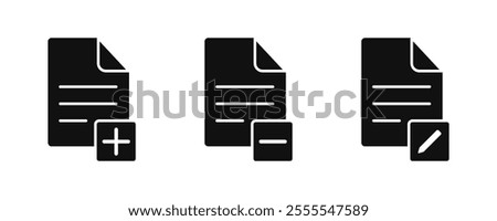 Add, remove, and edit document icon silhouette with plus and minus symbol. Vector illustration