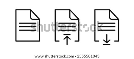 Document icon set. Download and upload document or files line icon. Editable stroke