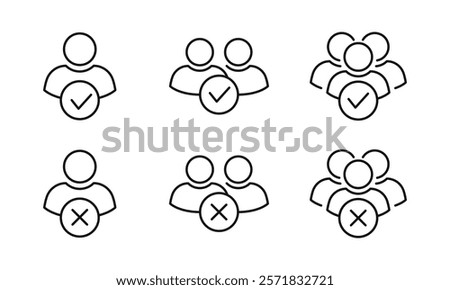 People icon set line style with checkmark and x mark. Perfect for group, team, organization, community, population, audience, member. Editable stroke