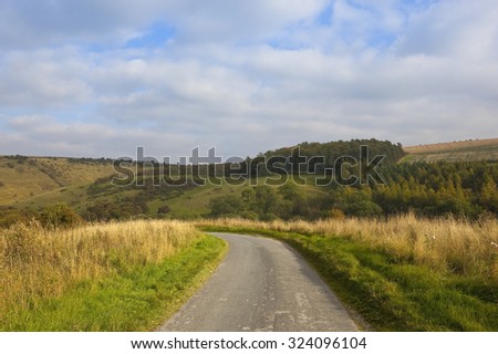 a small country road going in to a scenic valley in the yorkshire wolds england with dry grasses and pasture under a blue cloudy sky in autumn