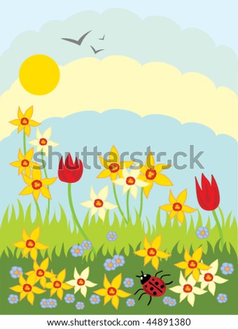 hand drawn vector illustration of narcissus flowers tulips and forget me not with grass and sky and a ladybug in springtime in eps format