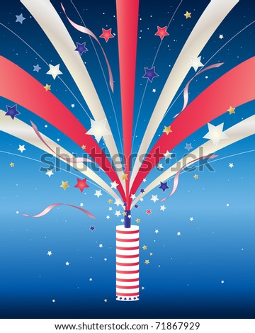 an illustration of a firework with stars stripes and streamers in front of a starry night sky