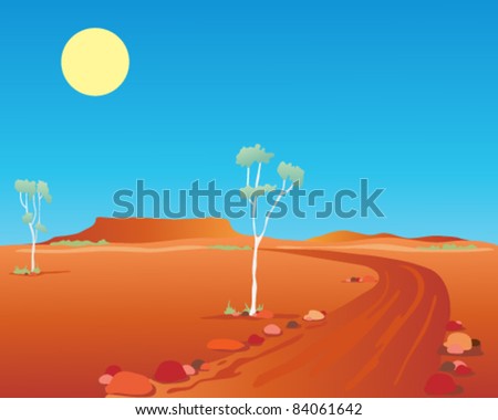 vector illustration of the australian outback with gum trees and a dirt road running through the desert towards distant mountains in eps 10 format