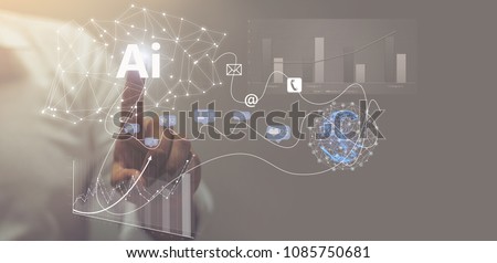 Visual effects. Future technology touch screen interface. Handsome businessman in shirt touching screen interface, drawing a chart in futuristic office. Selective focus on the hand / AI(Artificial Int Imagine de stoc © 