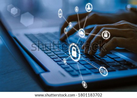 Similar – Image, Stock Photo Cyber security threat. Young woman using computer and coding. Internet and network security. Stealing private information. Person using technology to steal password and private data