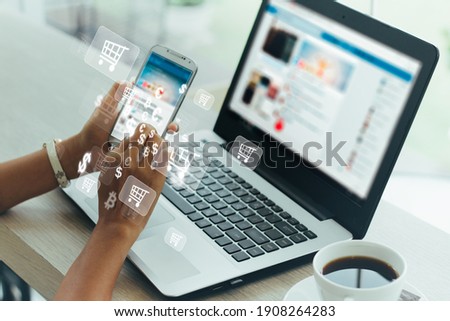 Businesswoman phone and laptop using , online shopping concept. Foto stock © 